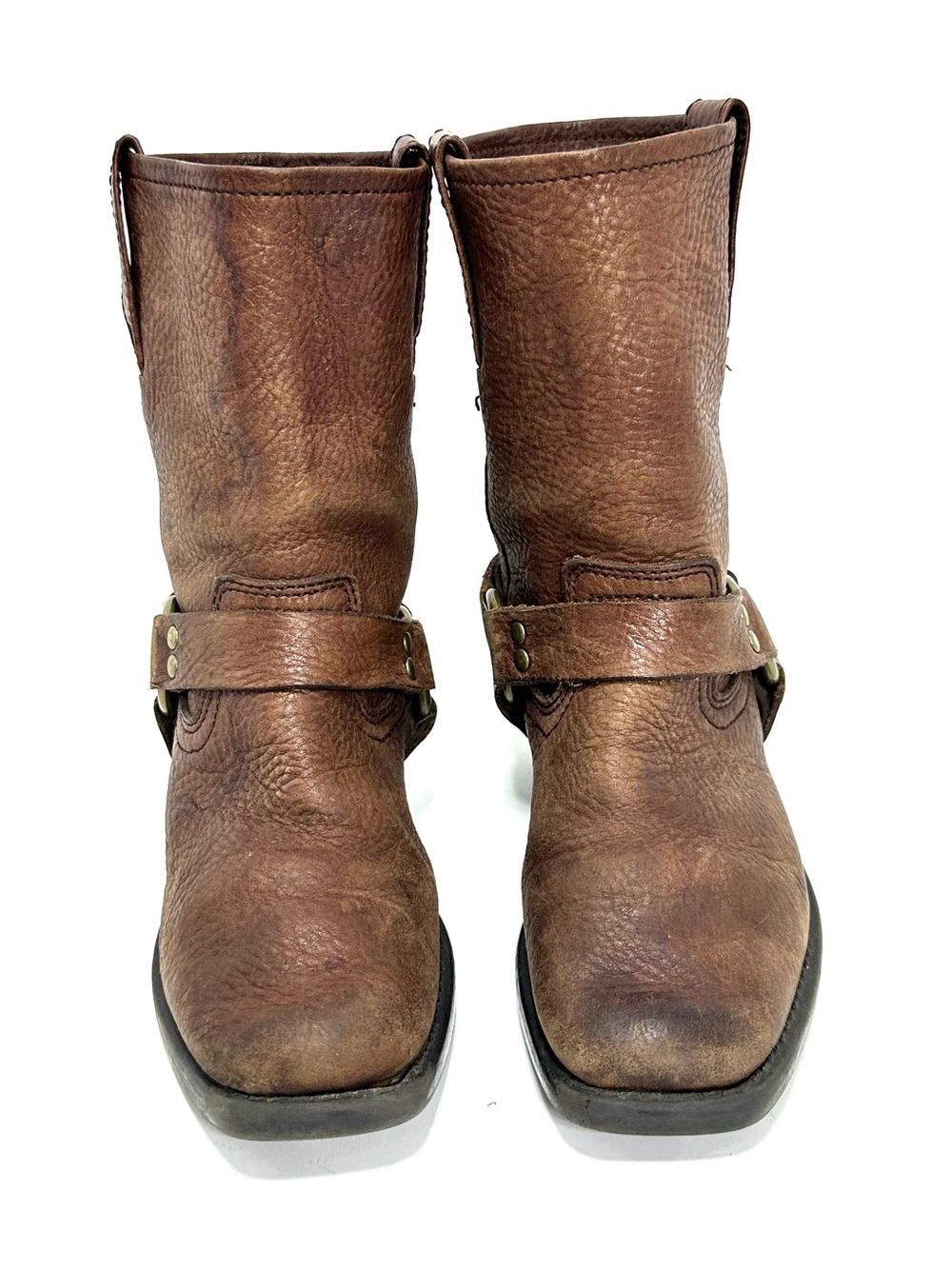 Frye Brown Leather Kids Harness Brass Ring Boots 
Size 2
